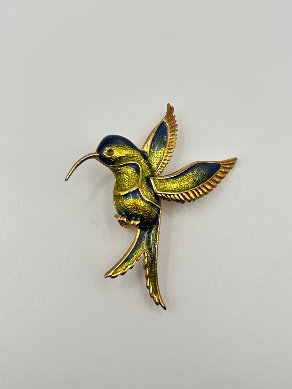 Vintage Gold Tone Blue Green Enamel Hummingbird Brooch Pin